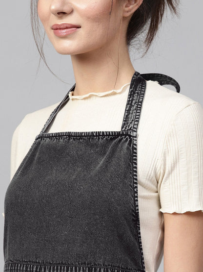 Women's Black Denim Acid Wash Apron Dress