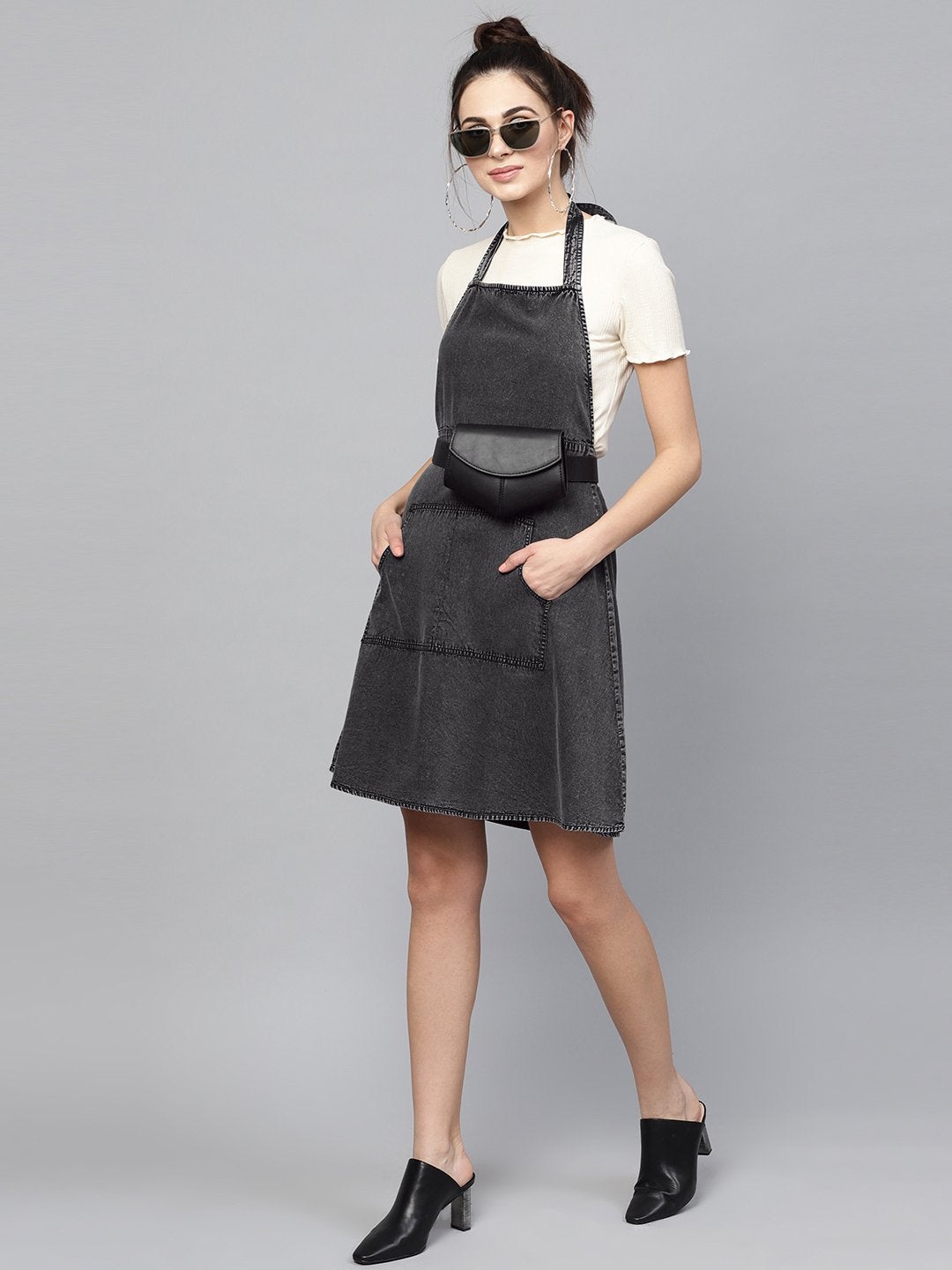 Women's Black Denim Acid Wash Apron Dress
