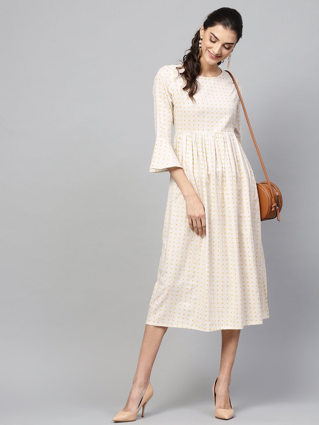 Women's Beige Gathered Dress