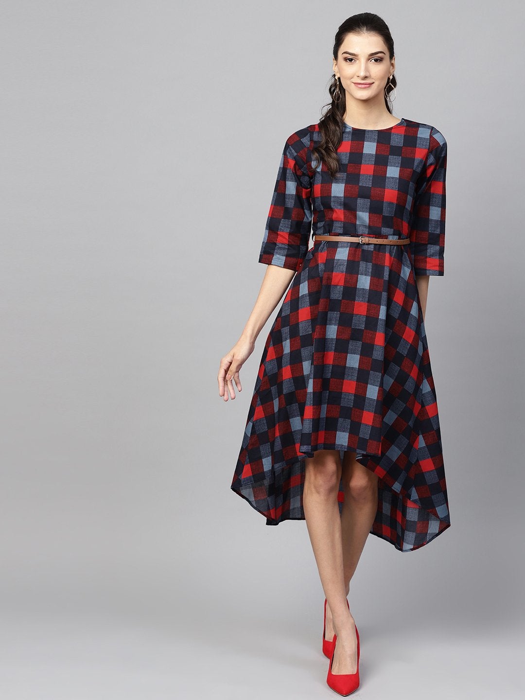 Women's Multi Check High Low Dress