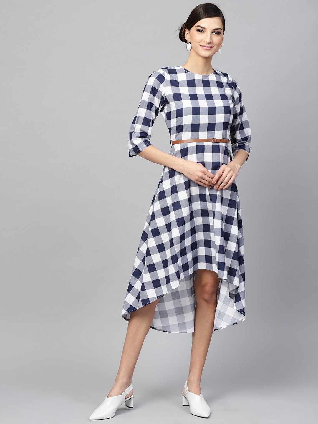 Women's Navy Check High Low Dress