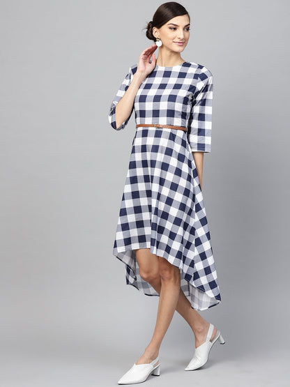 Women's Navy Check High Low Dress