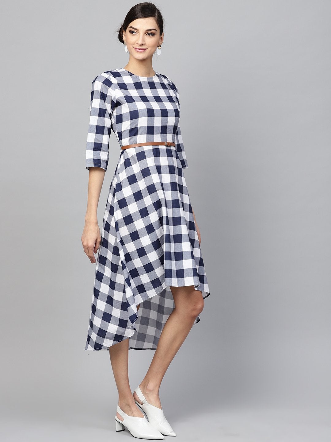 Women's Navy Check High Low Dress
