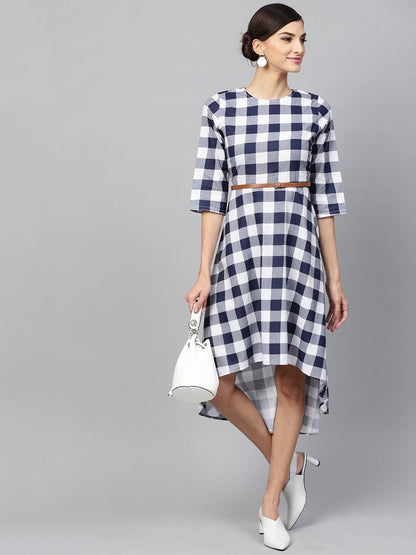 Women's Navy Check High Low Dress
