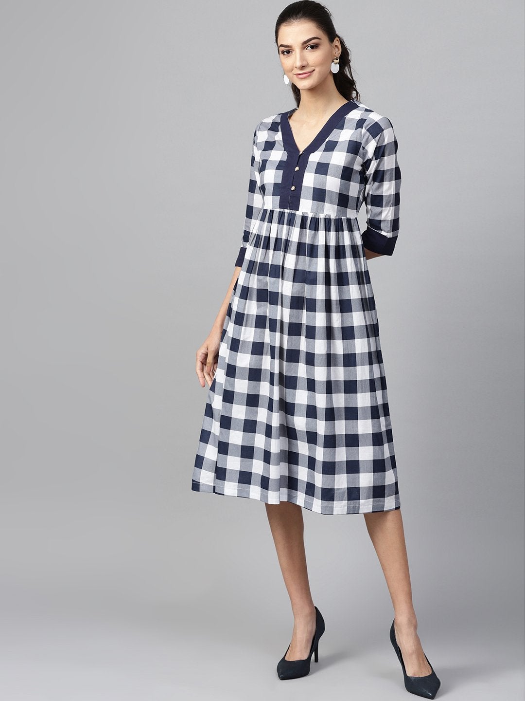 Women's Navy Check V-Neck Gathered Dress