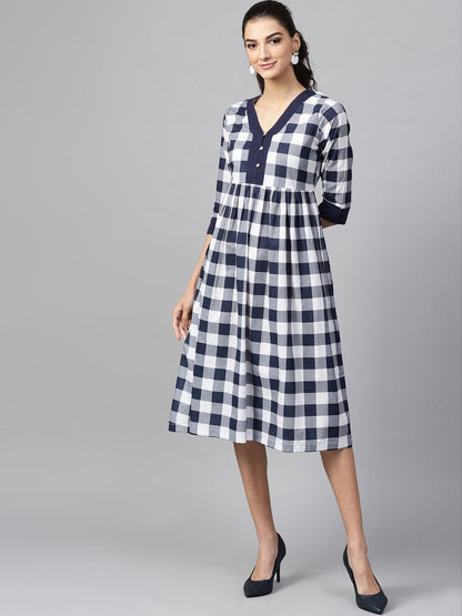 Women's Navy Check V-Neck Gathered Dress