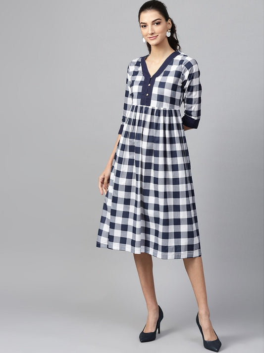 Women's Navy Check V-Neck Gathered Dress