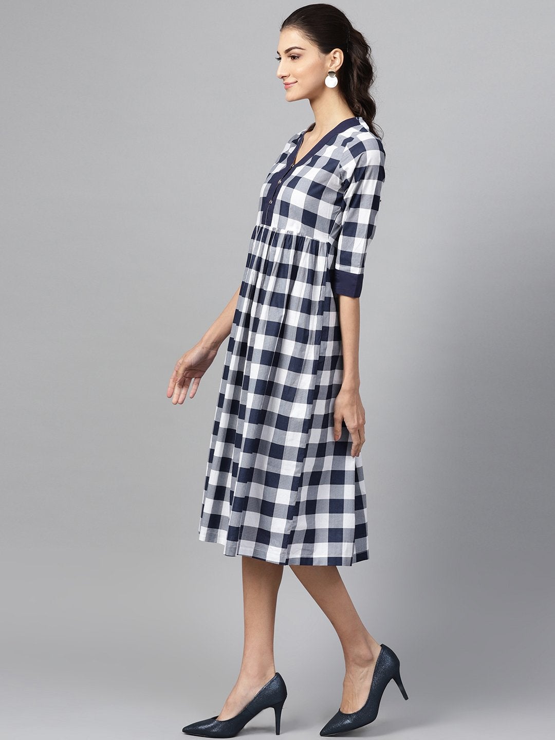 Women's Navy Check V-Neck Gathered Dress