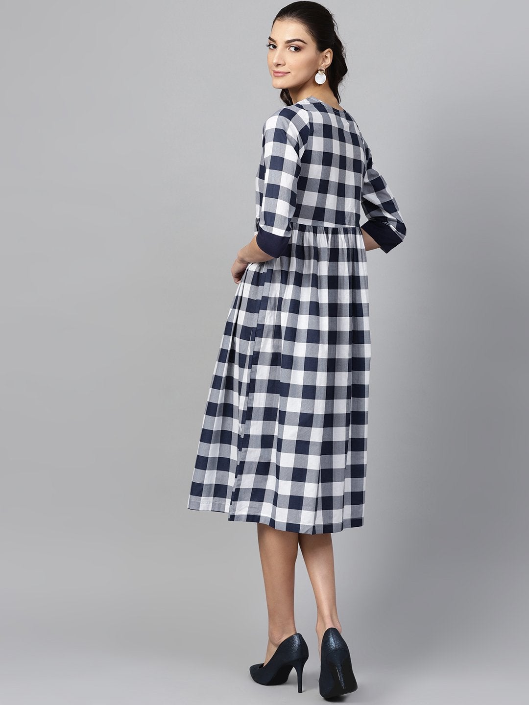 Women's Navy Check V-Neck Gathered Dress