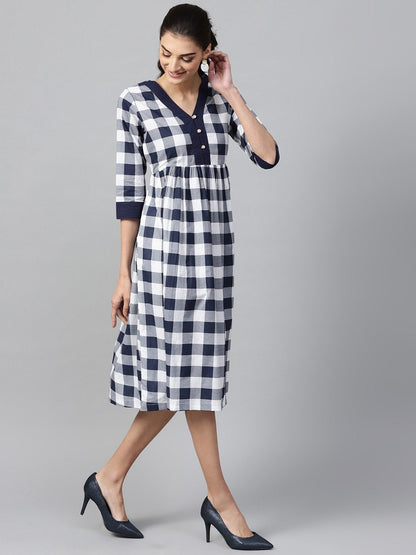 Women's Navy Check V-Neck Gathered Dress