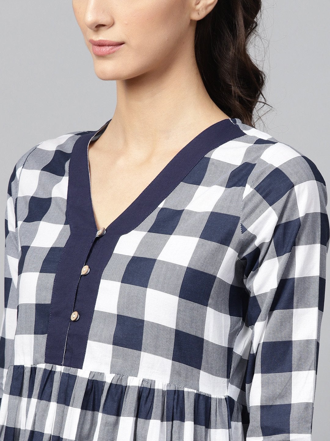 Women's Navy Check V-Neck Gathered Dress