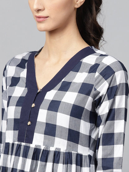 Women's Navy Check V-Neck Gathered Dress