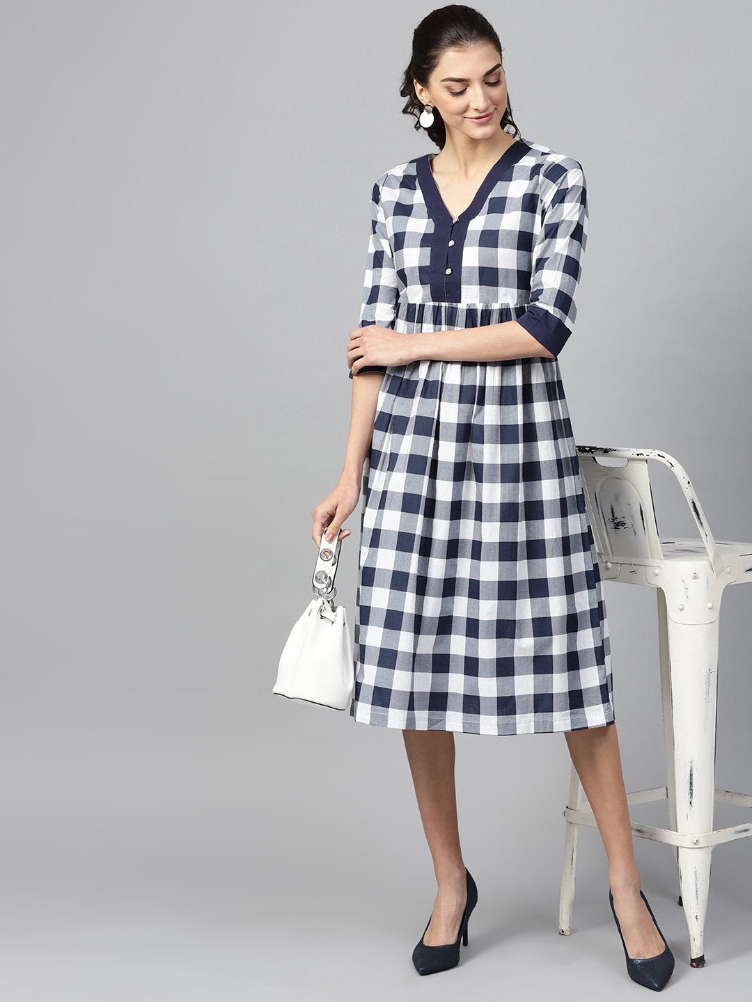 Women's Navy Check V-Neck Gathered Dress