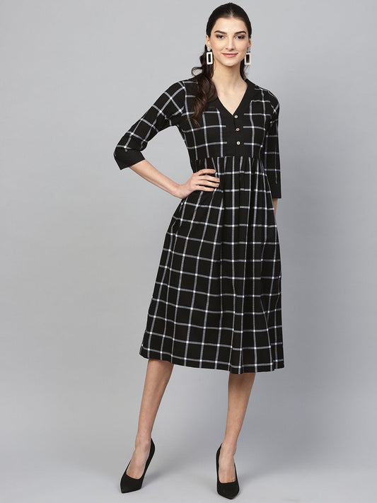 Women's Black Check V-Neck Gathered Dress