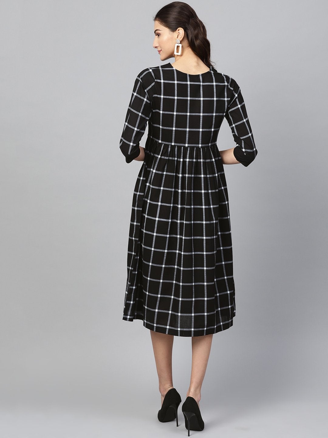 Women's Black Check V-Neck Gathered Dress