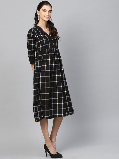 Women's Black Check V-Neck Gathered Dress