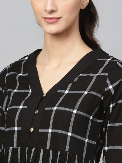 Women's Black Check V-Neck Gathered Dress