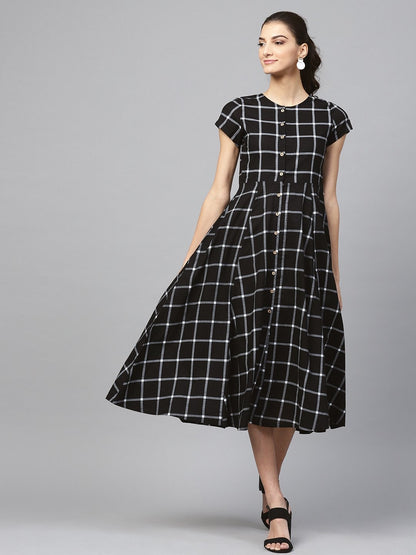 Women's Black Check Front Open Flared Midi