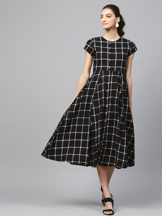 Women's Black Check Front Open Flared Midi