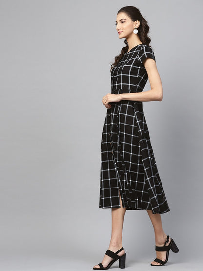 Women's Black Check Front Open Flared Midi