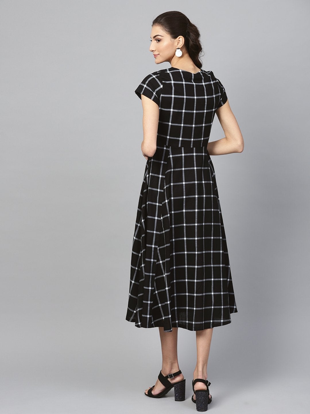 Women's Black Check Front Open Flared Midi