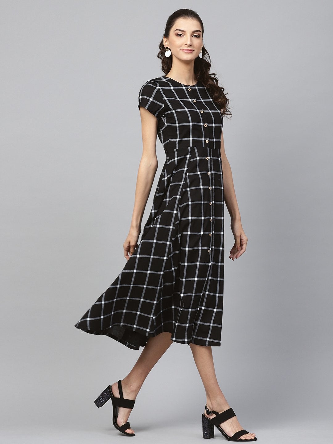Women's Black Check Front Open Flared Midi