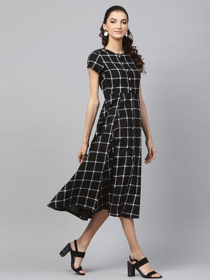 Women's Black Check Front Open Flared Midi