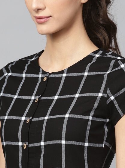 Women's Black Check Front Open Flared Midi