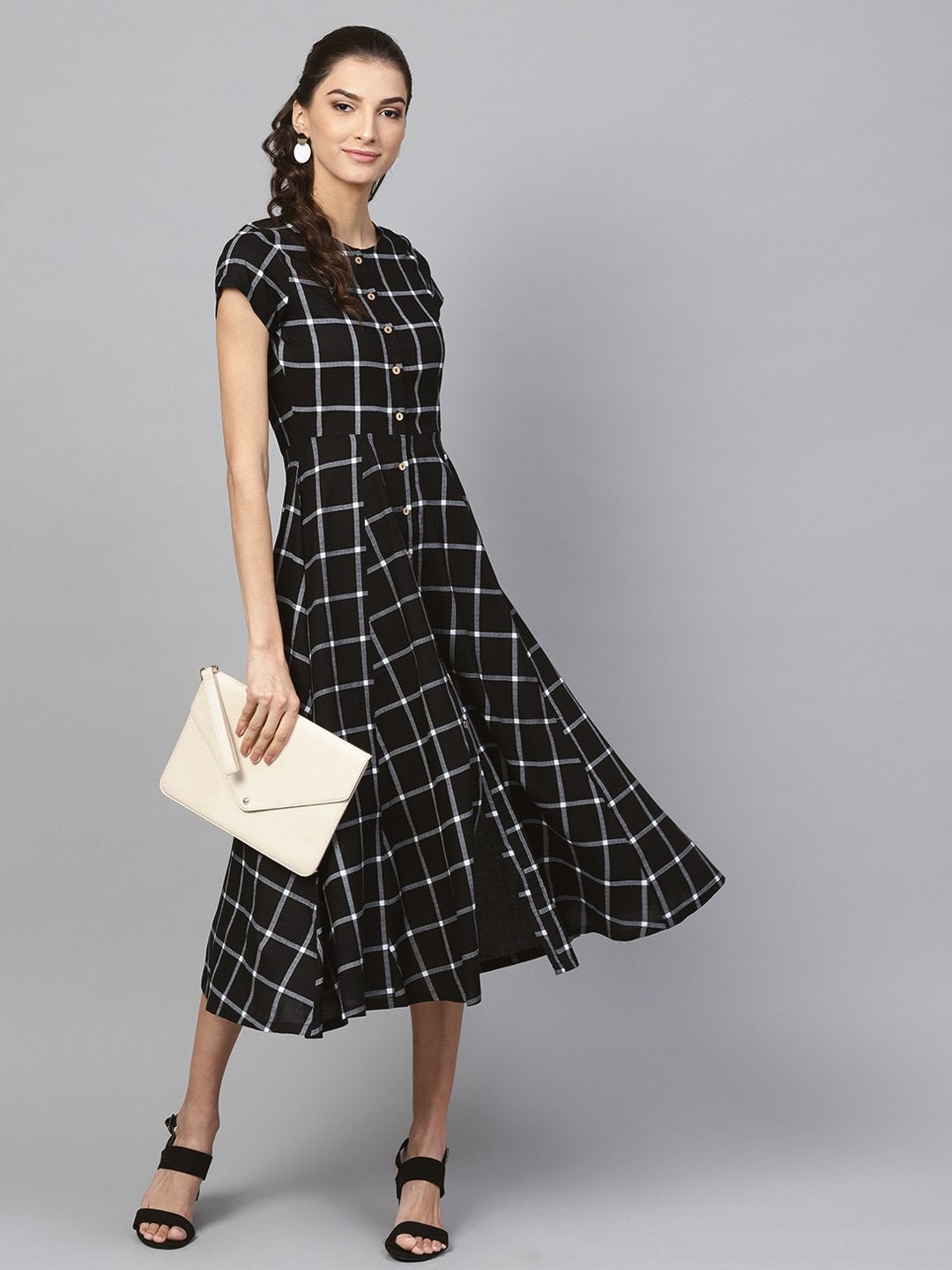 Women's Black Check Front Open Flared Midi