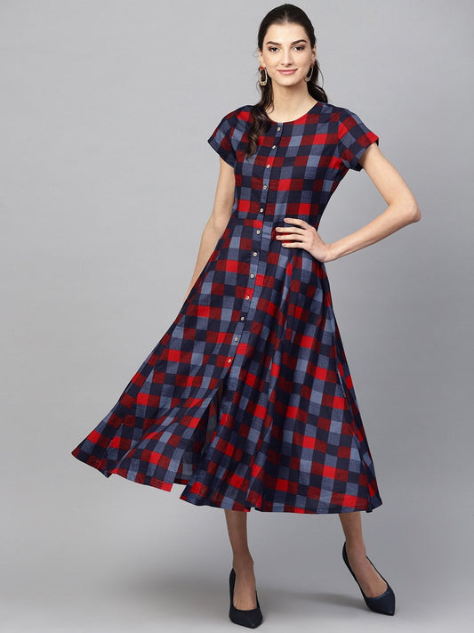 Women's Multi Check Front Open Flared Midi