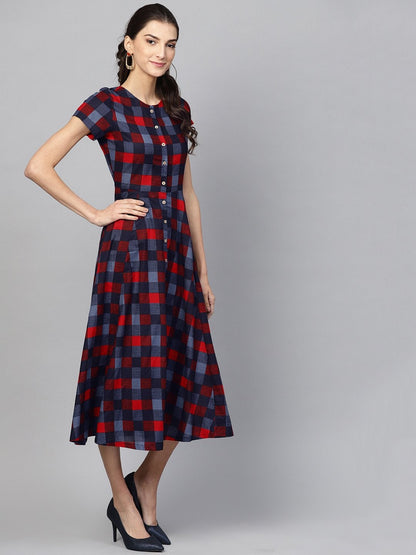 Women's Multi Check Front Open Flared Midi