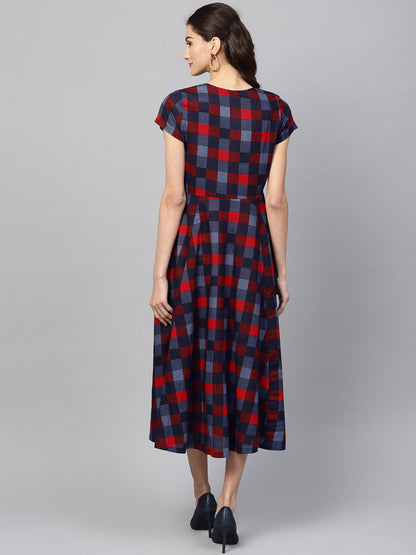 Women's Multi Check Front Open Flared Midi
