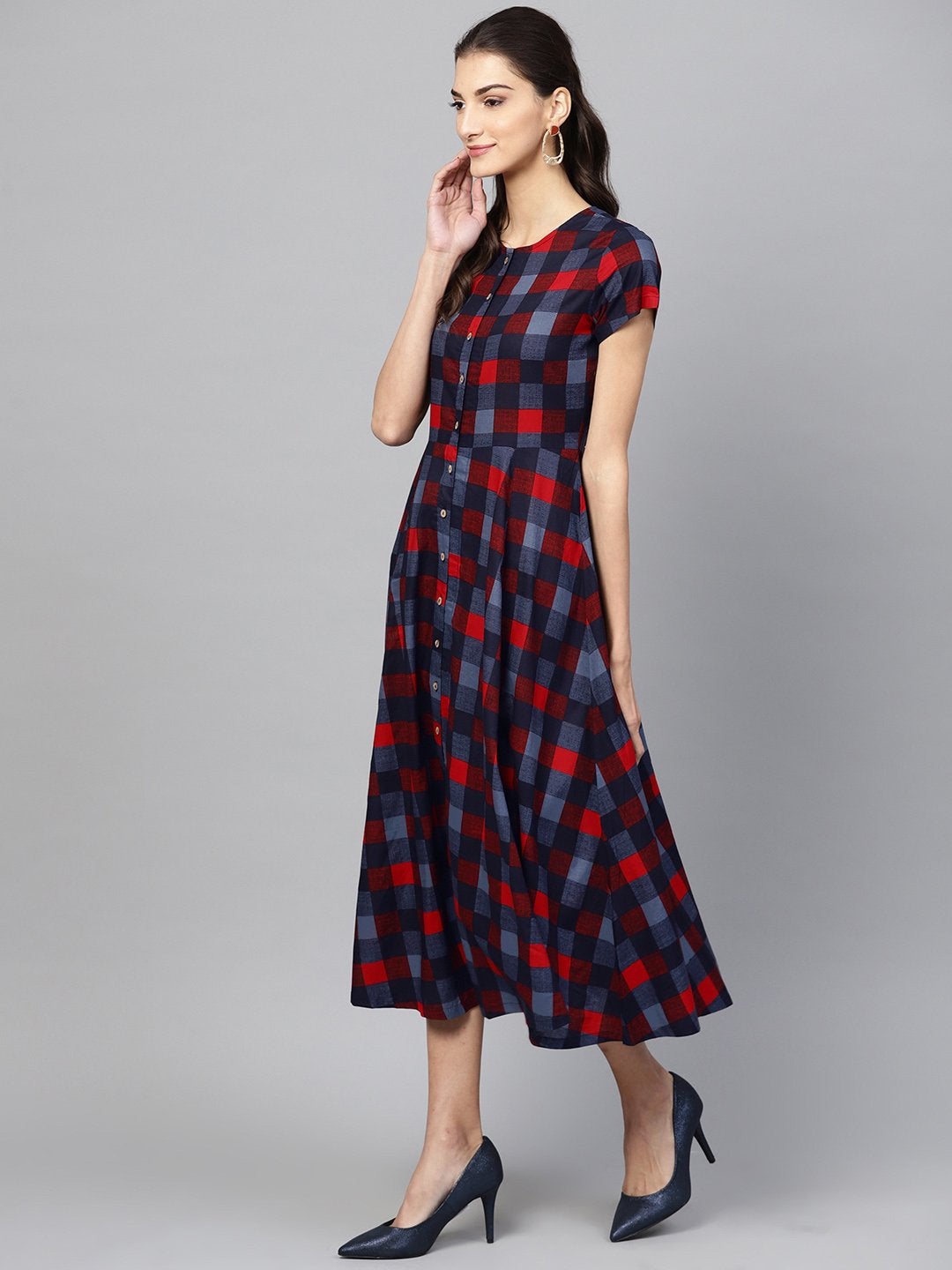 Women's Multi Check Front Open Flared Midi