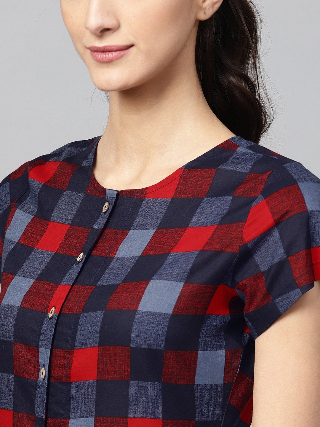 Women's Multi Check Front Open Flared Midi