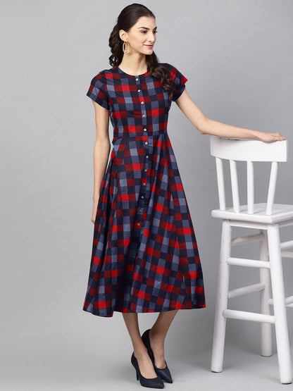 Women's Multi Check Front Open Flared Midi