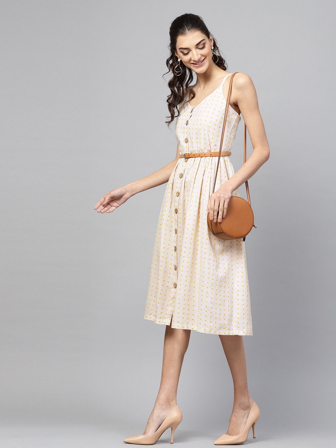 Women's Beige Strappy V-Neck Dress