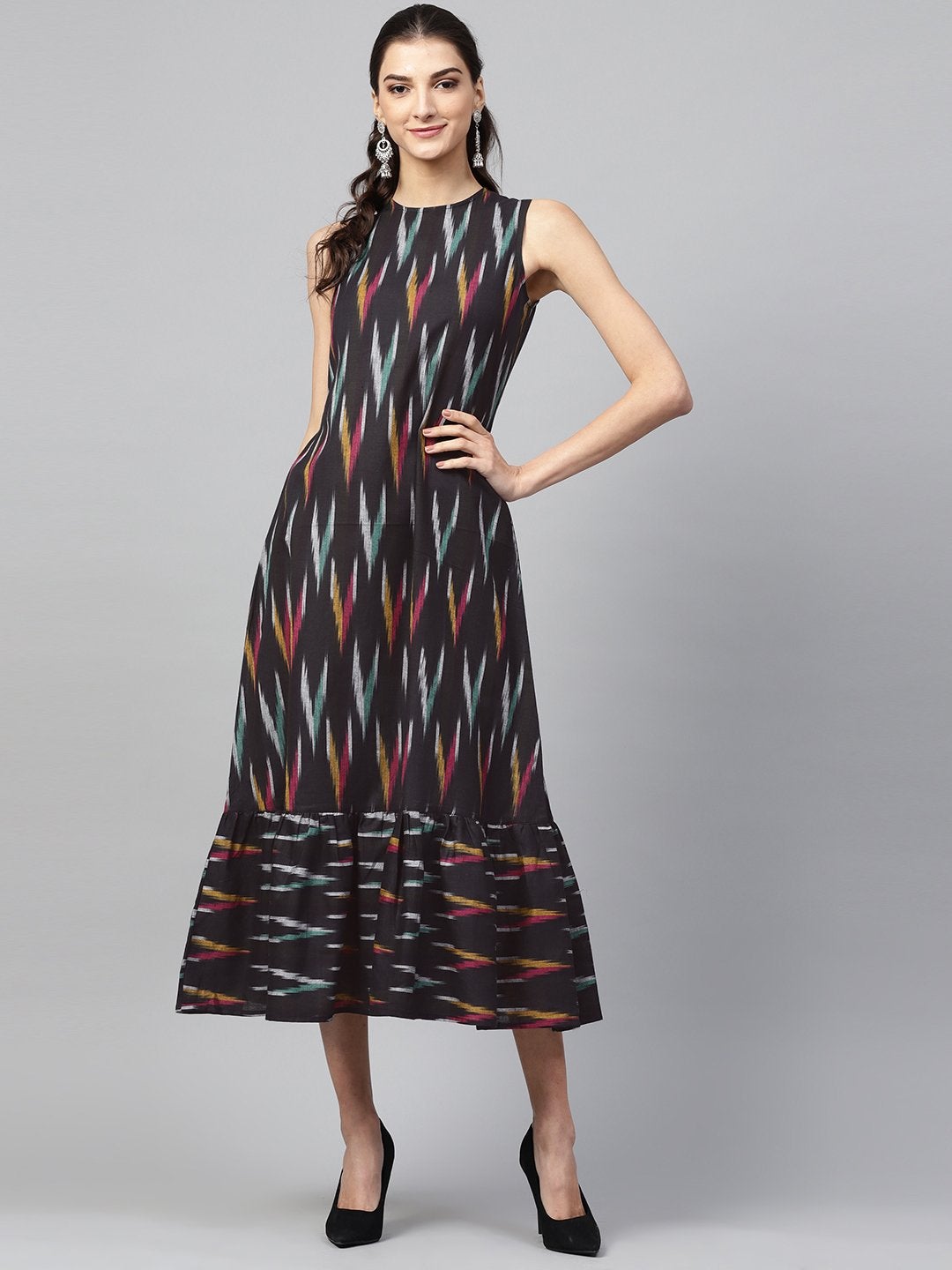 Women's Black Ikat Sleeveless Frill Hem Dress