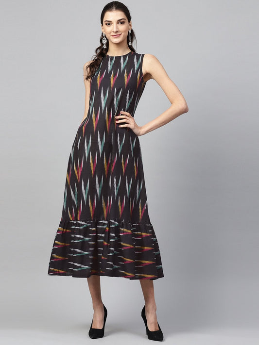 Women's Black Ikat Sleeveless Frill Hem Dress