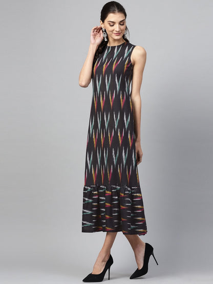 Women's Black Ikat Sleeveless Frill Hem Dress