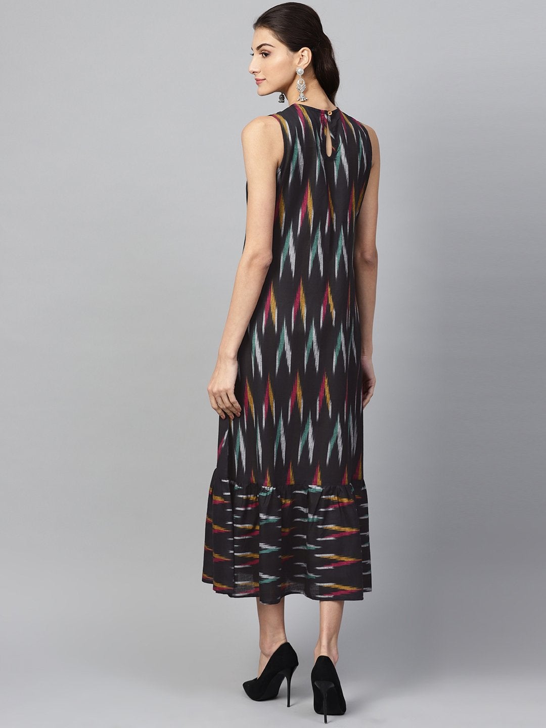 Women's Black Ikat Sleeveless Frill Hem Dress