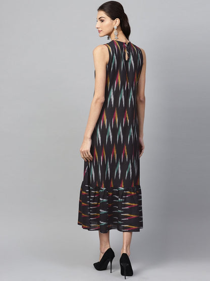 Women's Black Ikat Sleeveless Frill Hem Dress