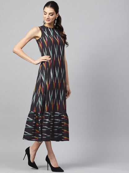 Women's Black Ikat Sleeveless Frill Hem Dress