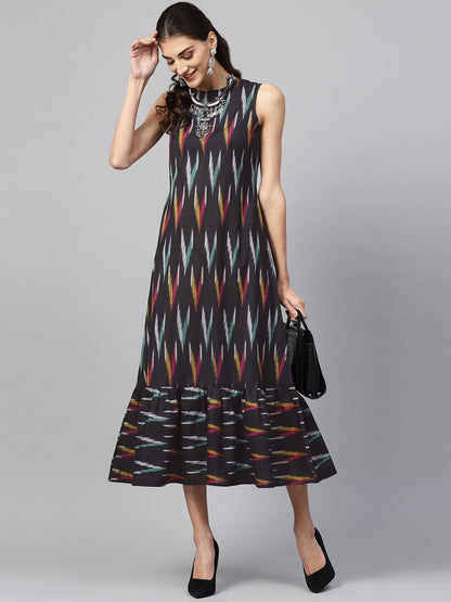 Women's Black Ikat Sleeveless Frill Hem Dress