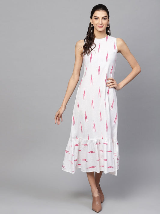 Women's White Ikat Sleeveless Frill Hem Dress