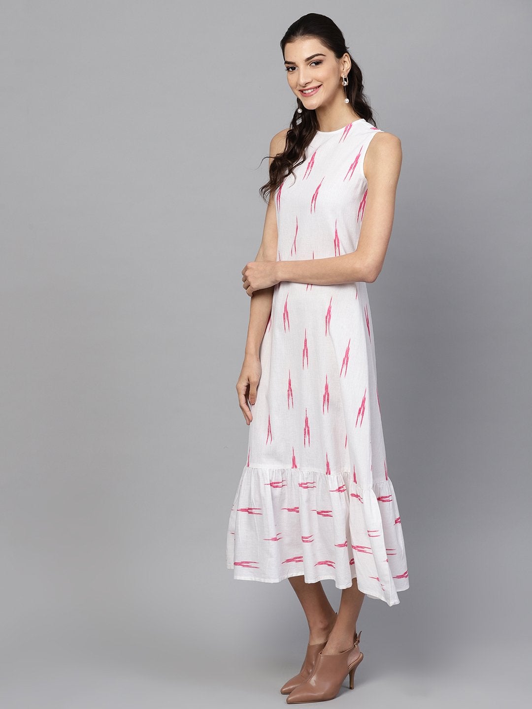 Women's White Ikat Sleeveless Frill Hem Dress