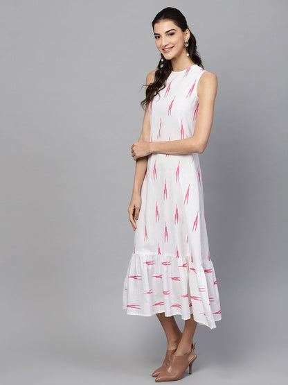 Women's White Ikat Sleeveless Frill Hem Dress