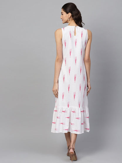 Women's White Ikat Sleeveless Frill Hem Dress