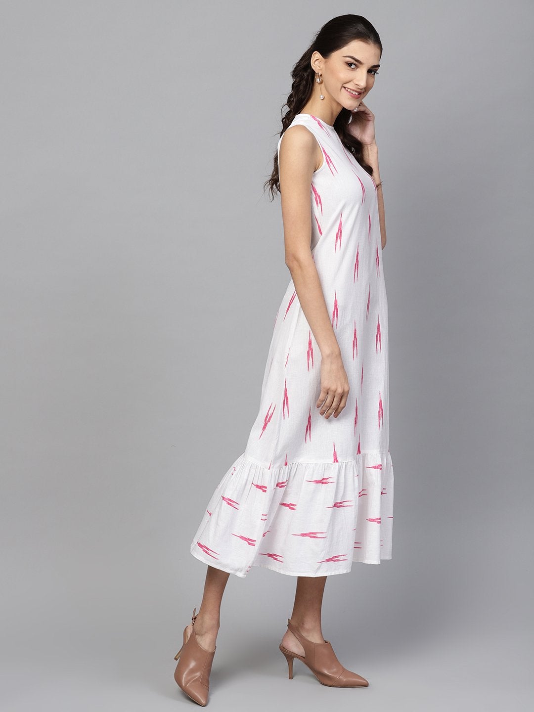 Women's White Ikat Sleeveless Frill Hem Dress