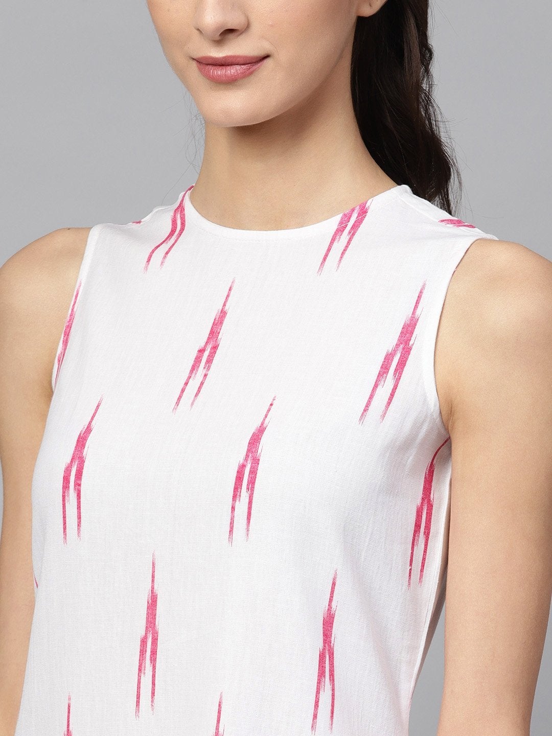Women's White Ikat Sleeveless Frill Hem Dress