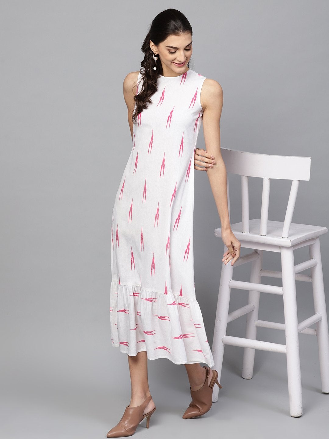 Women's White Ikat Sleeveless Frill Hem Dress
